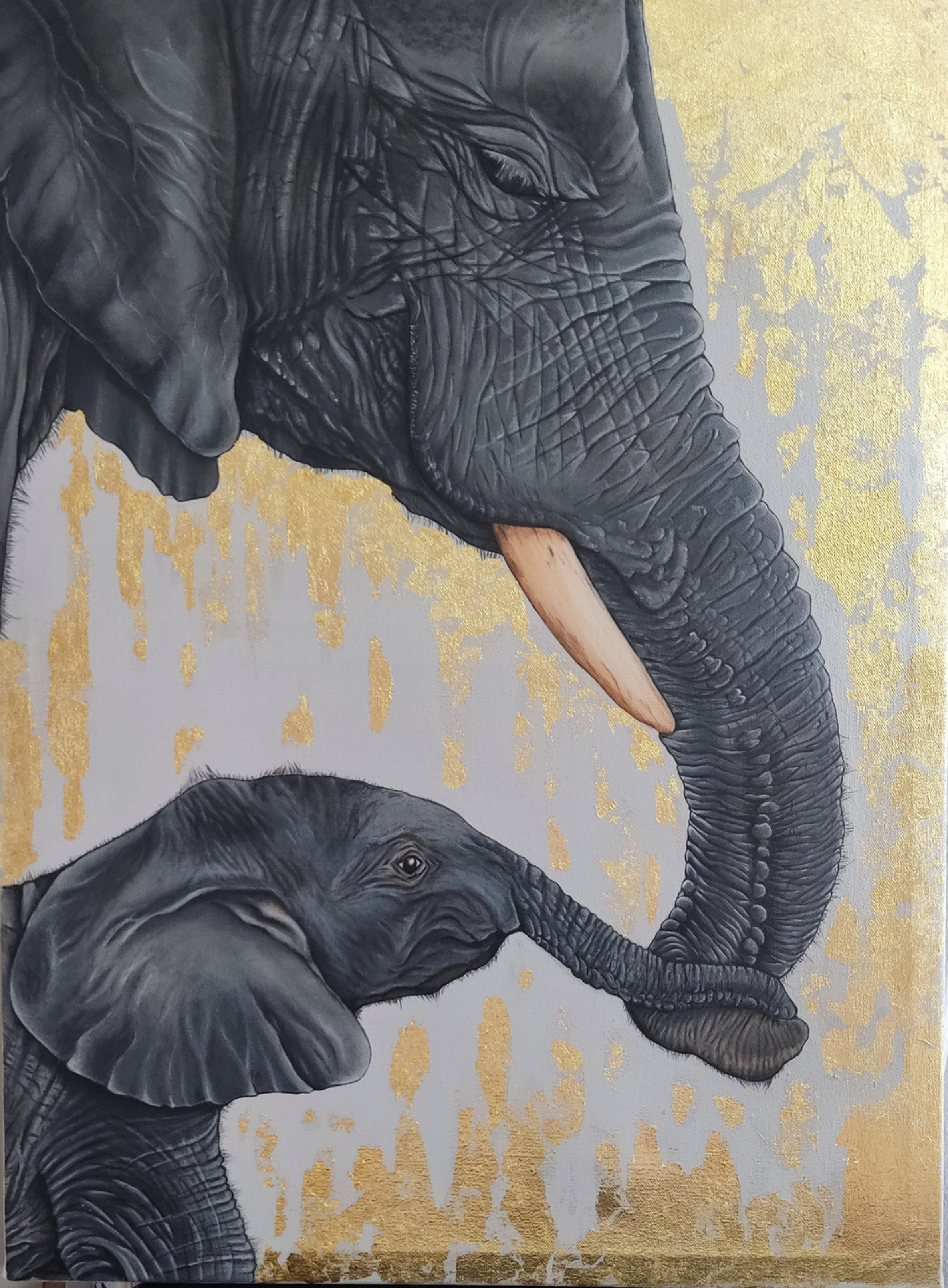 Pintura de elefantes en acrilico con hoja de oro - elephant painting