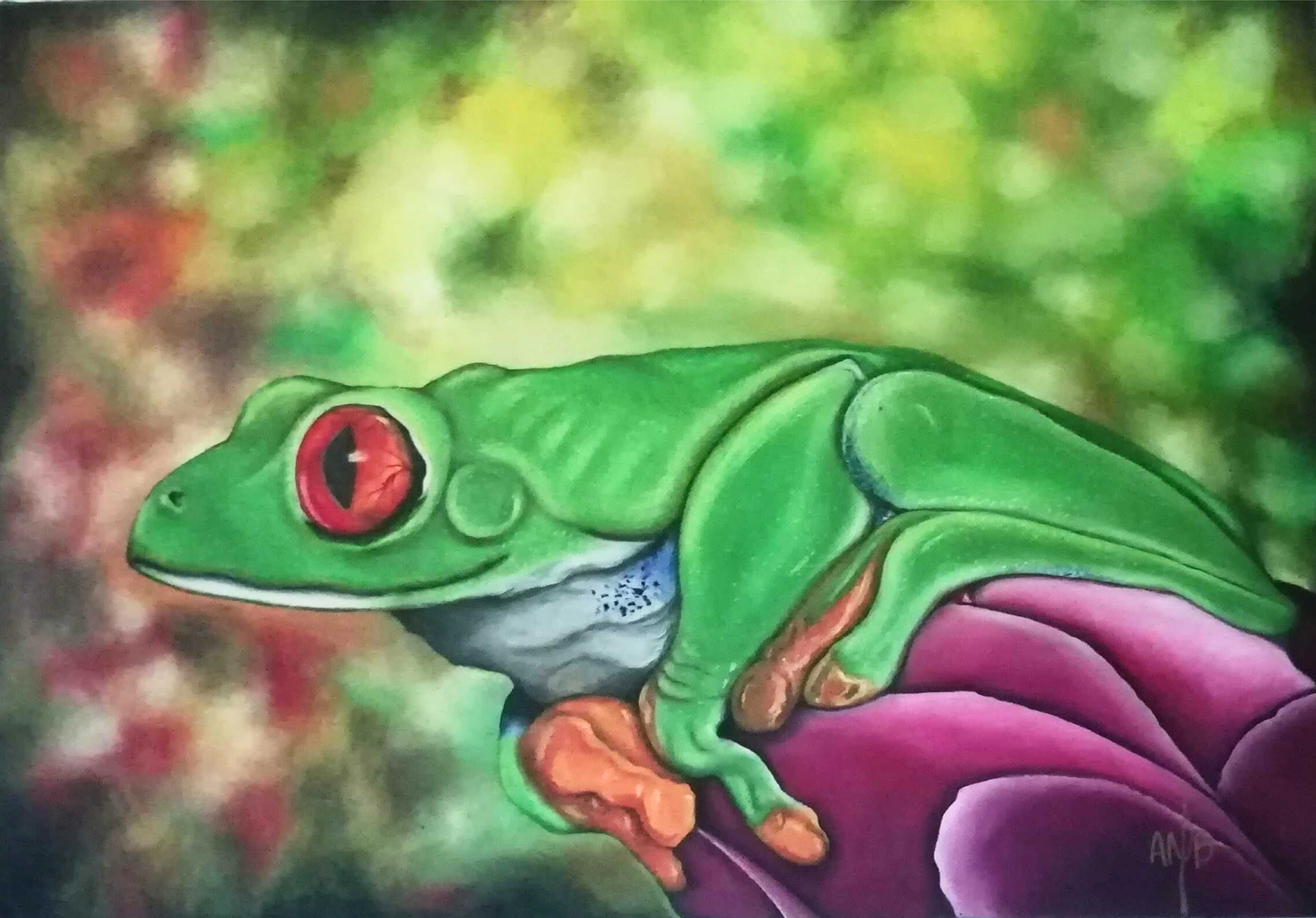 Rana de ojos rojos en oleo sobre lienzo - red-eyed tree frog oil painting